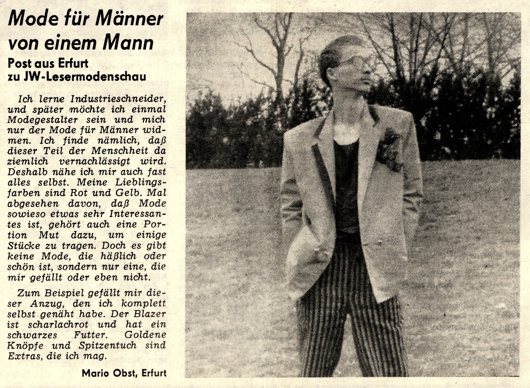 Zeitungsausschnitt Mode für Männer von einem Mann über Mario Obst, Junge Welt vom 13. Mai 1988