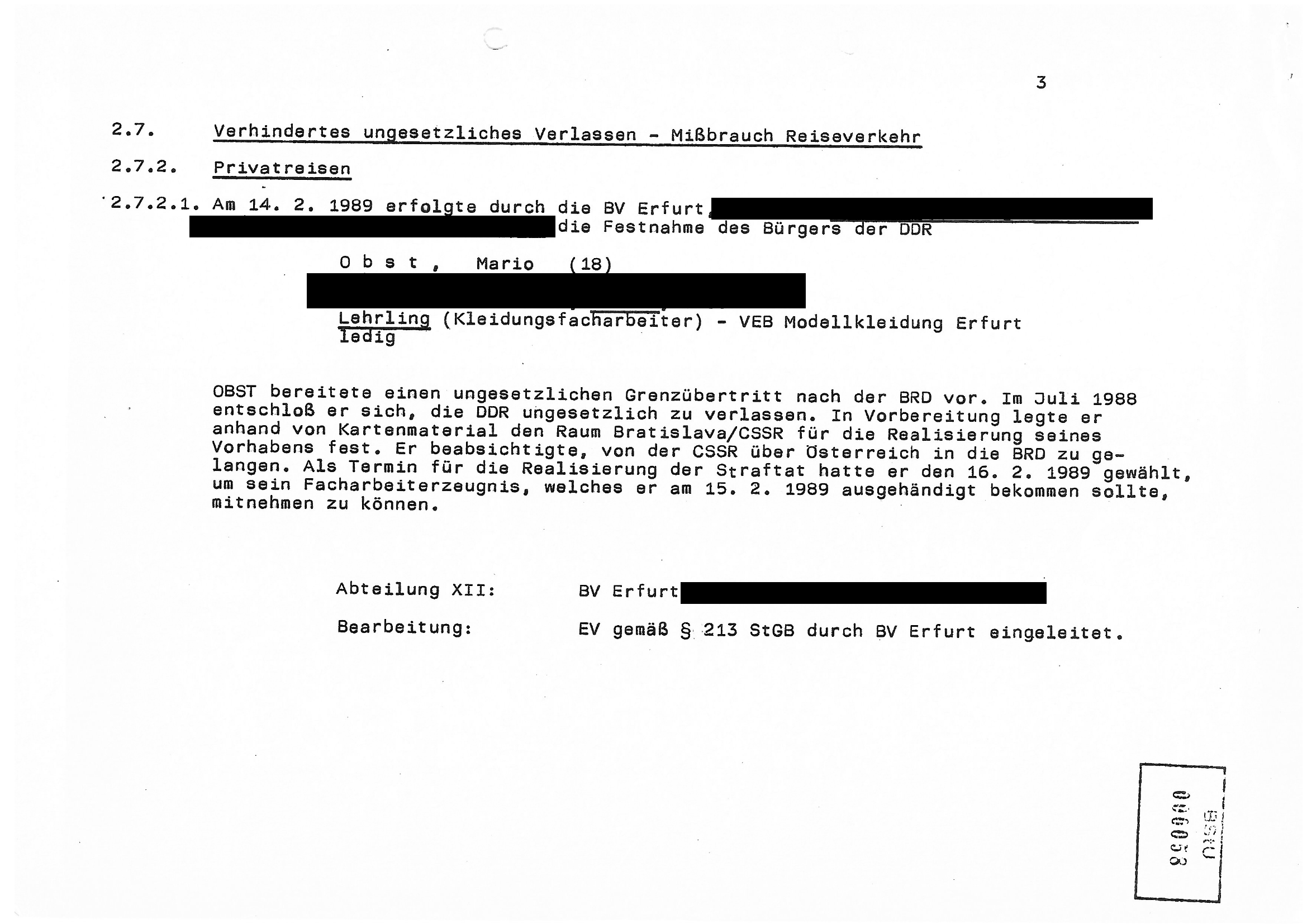 Eintrag des MfS über Mario Obst und seinen geplanten Weg in die Bundesrepublik