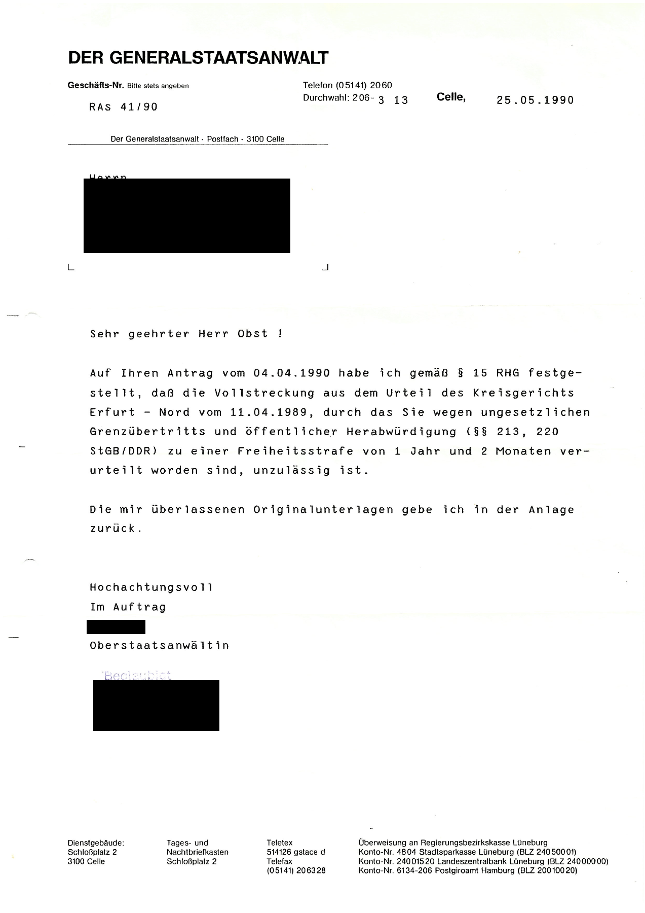 25. Mai 1990 – Unzulässigkeit der Vollstreckung, Seite 1, geschwärzte Fassung