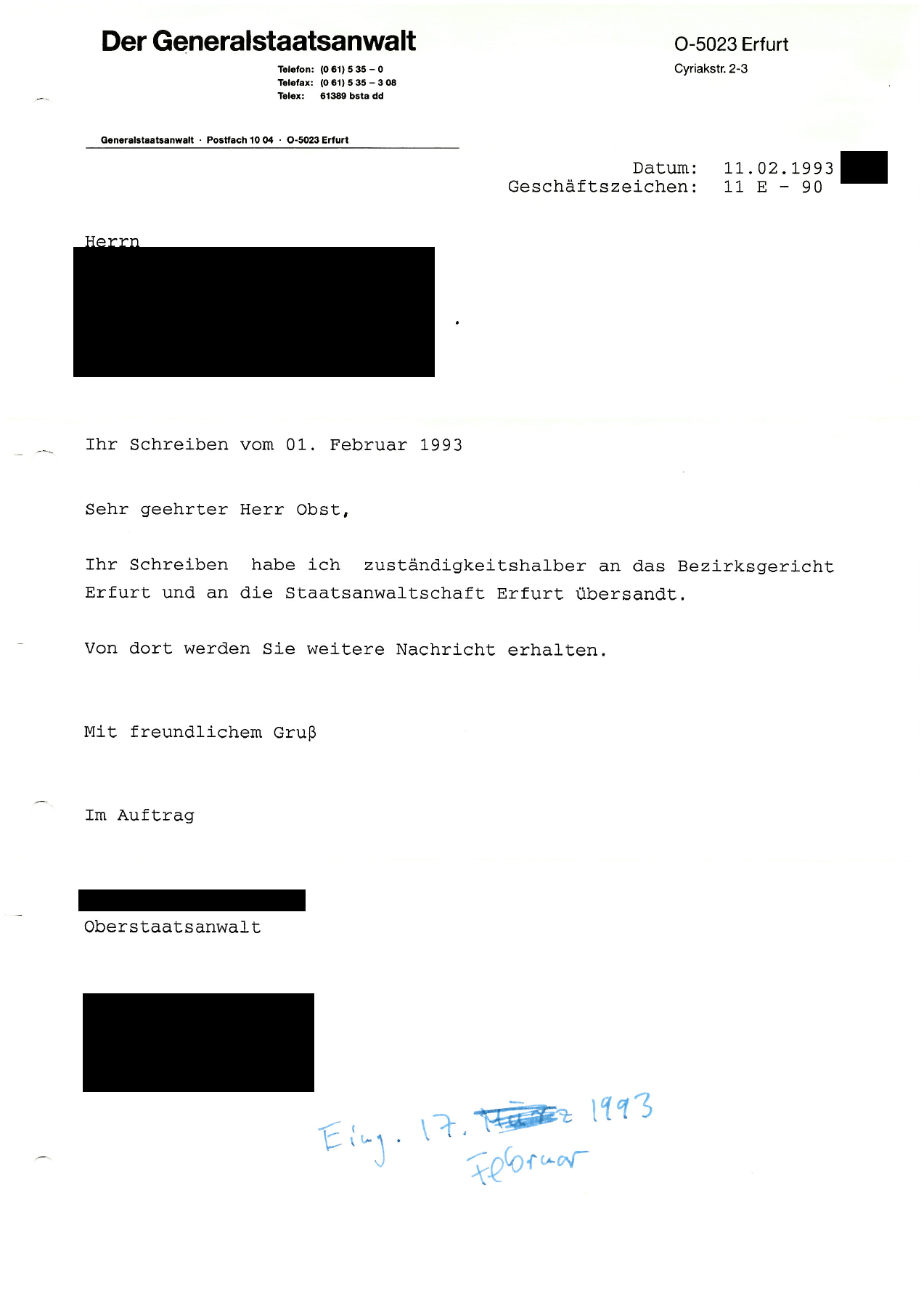 11. Februar 1993 – Weiterleitung, Seite 1, geschwärzte Fassung