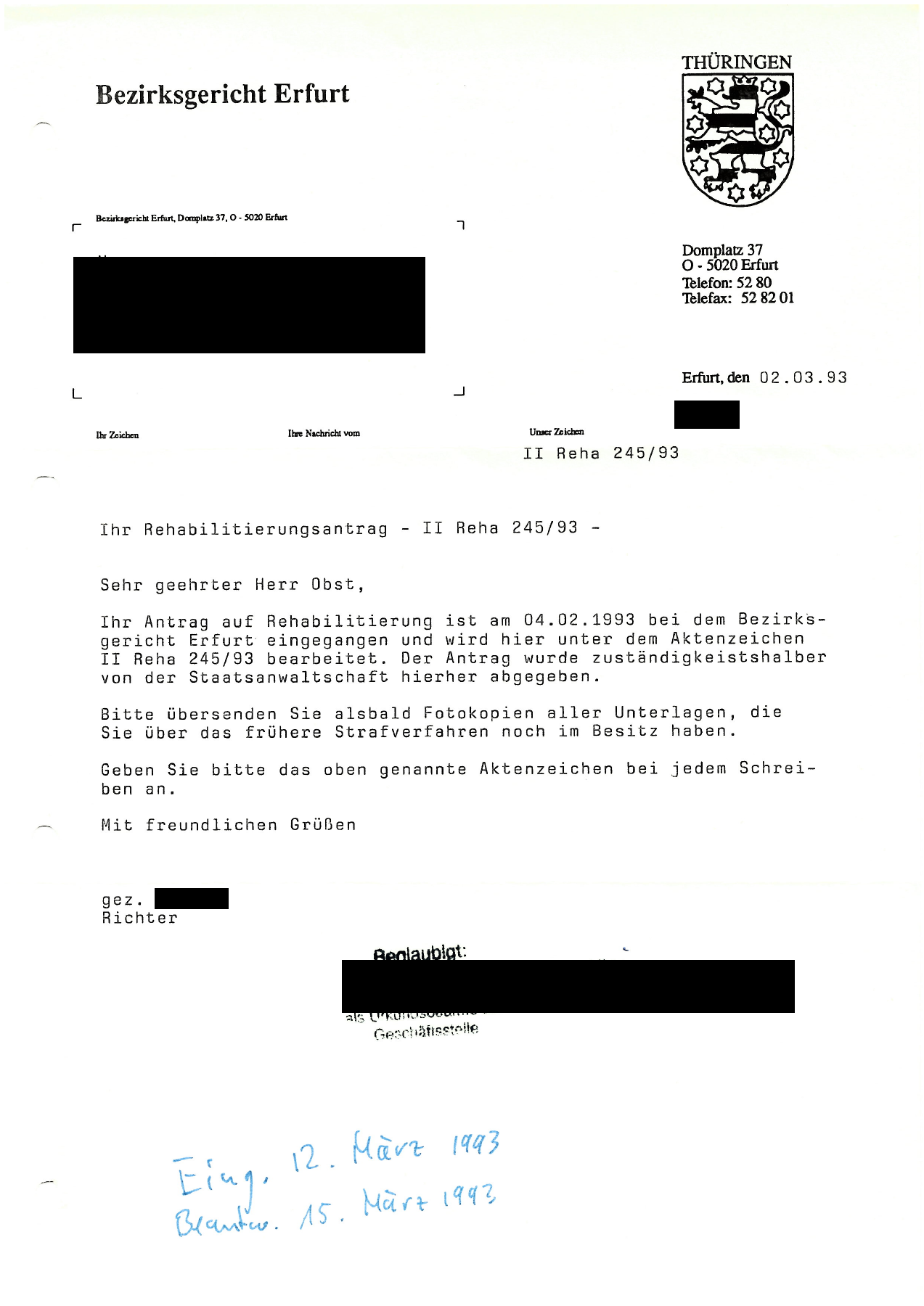 2. März 1993 – Eingangsbestätigung, Seite 1, geschwärzte Fassung