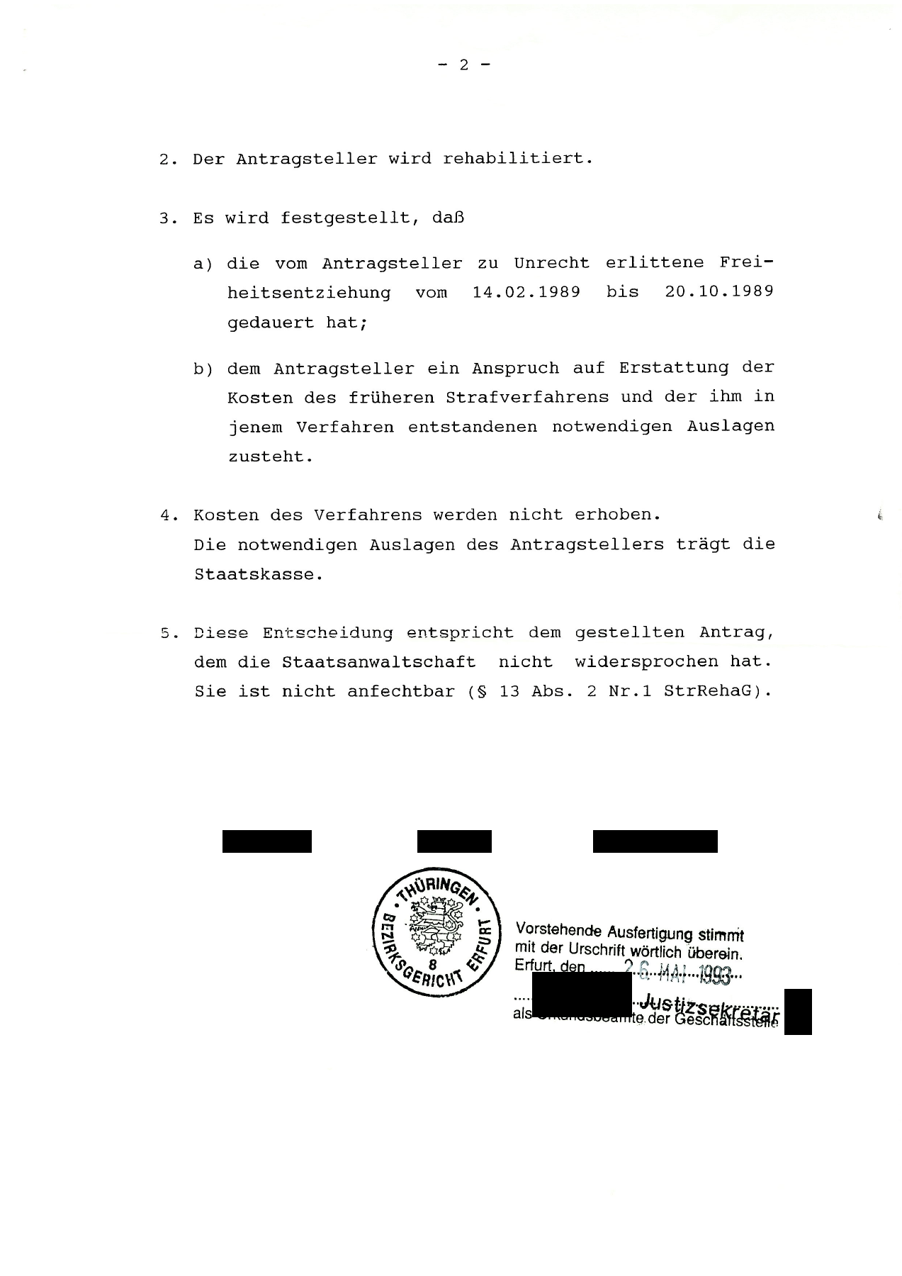 21. April 1993 – Rehabilitierungsbeschluss, Seite 2, geschwärzte Fassung