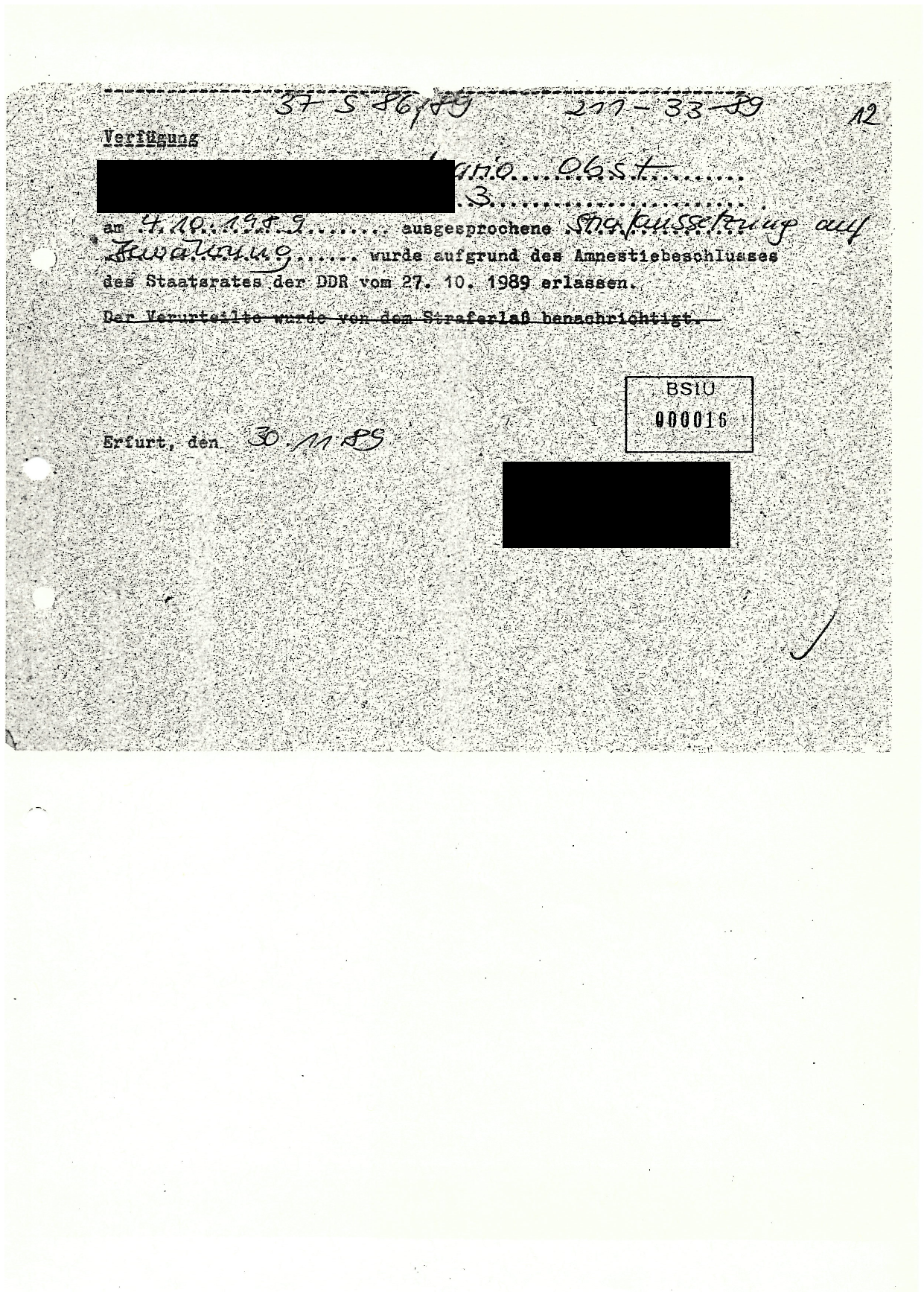 Spätere Verfügung zum Amnestiebeschluss vom 27. Oktober 1989