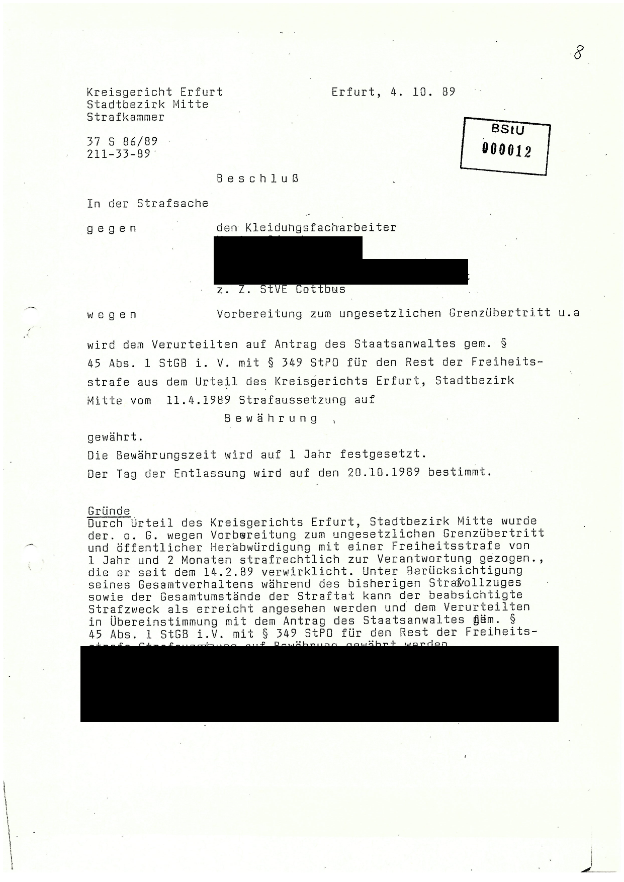 Gerichtsbeschluss vom 4. Oktober 1989 mit dem festgelegten Entlassungstag