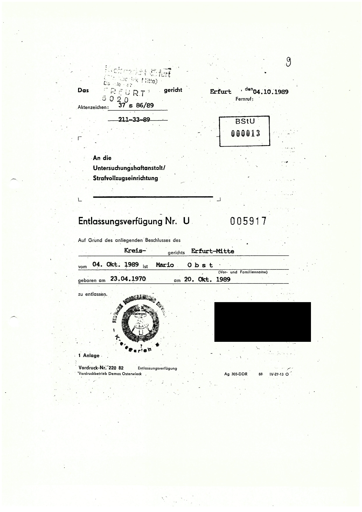 Entlassungsverfügung für Mario Obst zum 20. Oktober 1989