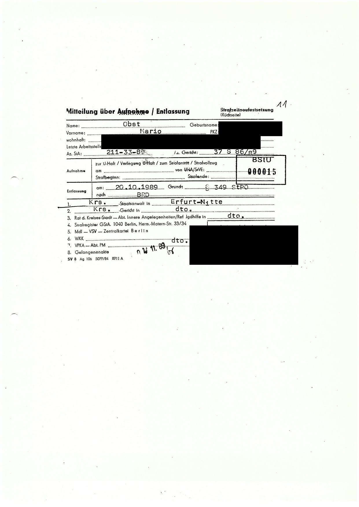 Entlassungsmitteilung vom 20. Oktober 1989 mit dem Ziel nach BRD